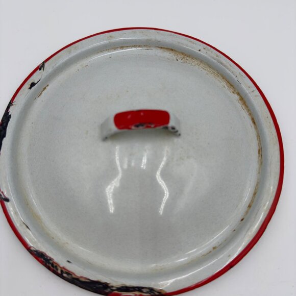 Vintage Enamelware Metal Lid Red Rim 8" Diameter Rustic Farmhouse Style Lid Only - Picture 2 of 6